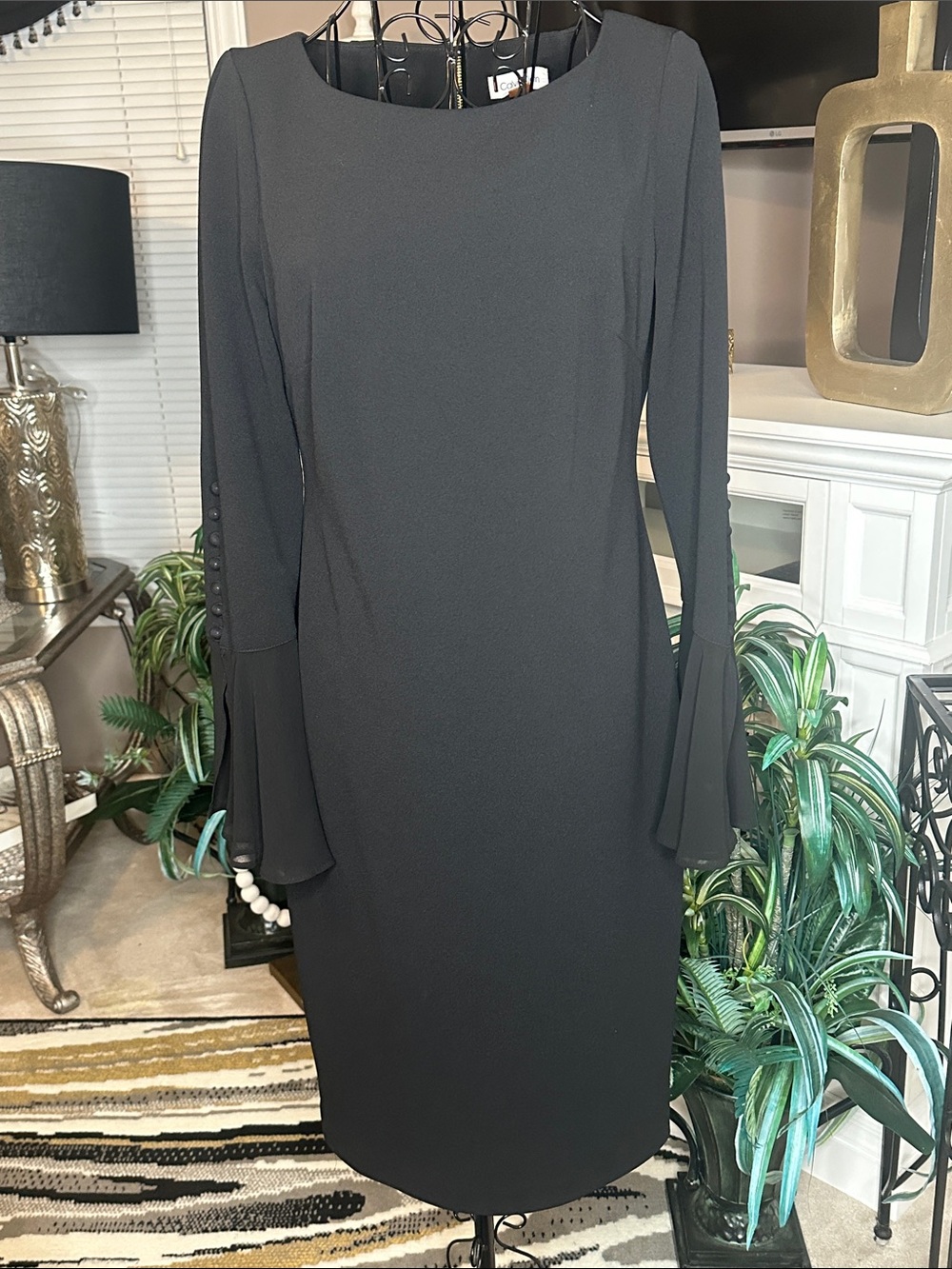 Calvin Klein Black Long-Sleeve Sheath Dress with Flared Cuffs